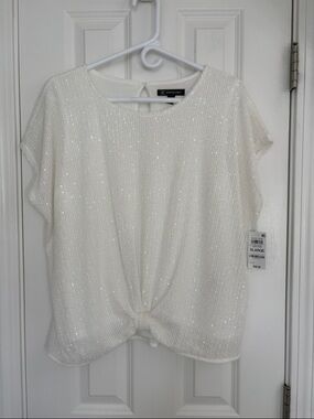 INC International Concepts Ivory Sequin Twist-Front Short Sleeve Top